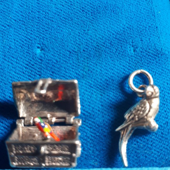 Antique Jewelry - Charms - Lot of Two Sterling - One Pirate Chest with Enamel Parrot - One Parrot